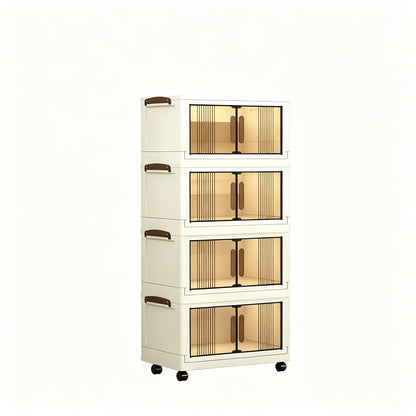 Foldable Plastic Storage Cabinet with Wheels and Transparent Organizer References, White 3pcs, 4pcs or 5pcs Models for Bedroom and Living Room Organization