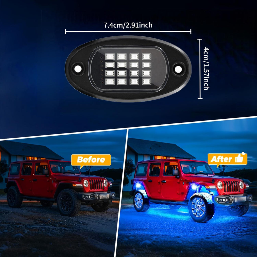 RGB Rock Light Kit with 16 Listed LEDs, 4-in-1 Car Tire Ambient Lighting with Dimmable Colors, Multiple Modes and App Control for Compatible Vehicle Setups