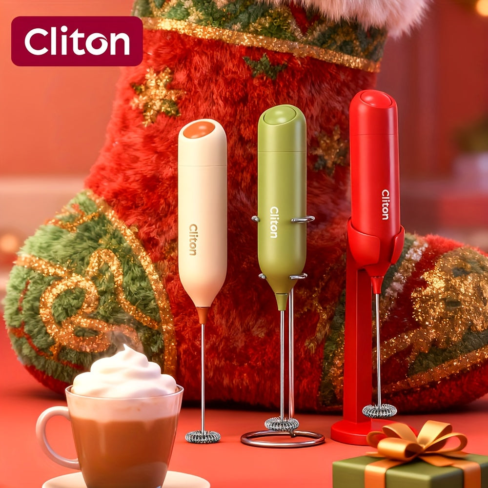 Handheld Milk Frother by CLITON, Battery-Powered 304 Stainless Steel Whisk for Coffee and Tea in Black, White or Green with Single or ABS Stand Options