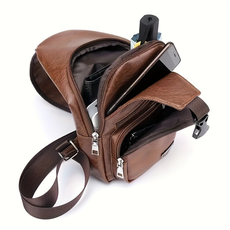 PU Leather Sling Bag for Men and Women with Adjustable Shoulder Strap, Zippered Pockets and Earphone Opening for Daily Walking, Hiking and Travel