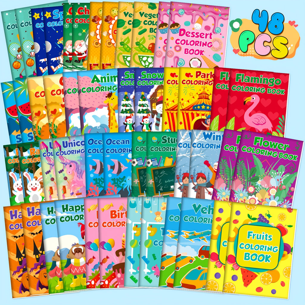 Mini Coloring Books for Kids, 48-Pack Bulk Party Favors with Summer, Christmas and Car Themes for Birthday Goodie Bags and Classroom Coloring Activities