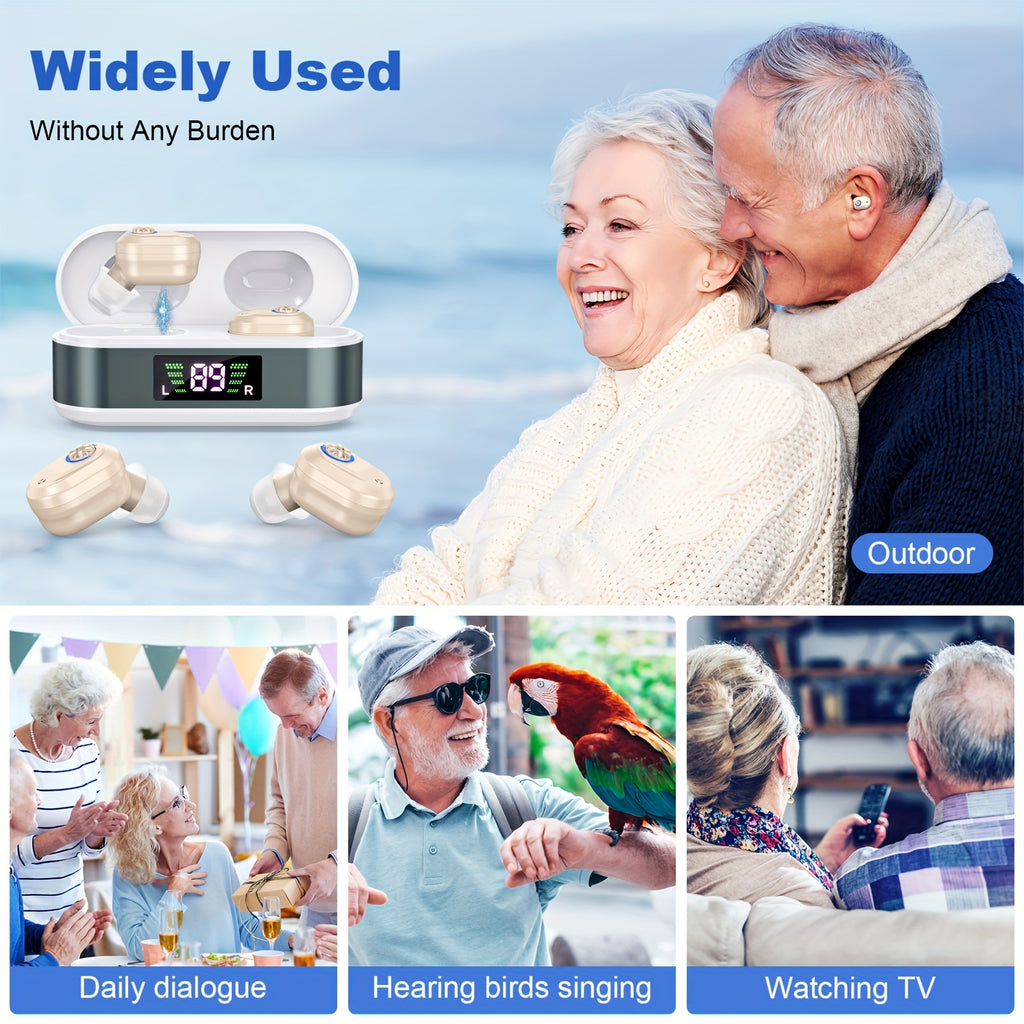 In-Ear Rechargeable Hearing Devices by K&FCOPTEE with Rotary Volume Control, Digital Display Charging Case and Three Ear Dome Sizes, One Pair