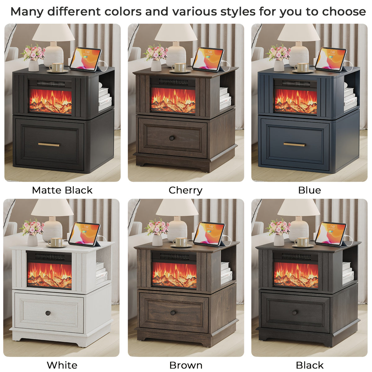 Electric Fireplace End Table with Listed 180-Degree Rotation and 13-Inch Screen, Storage and Charging Station, Six Finish Choices for Living Room Layouts