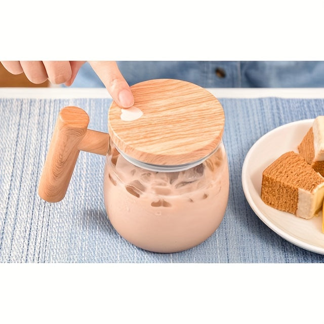Self-Stirring Mug 400ml OBS-JB01 with Listed 8cm Stirring Bar, Borosilicate Glass and Imitation-Wood Plastic Design for Coffee, Milk and Compatible Powdered Drinks