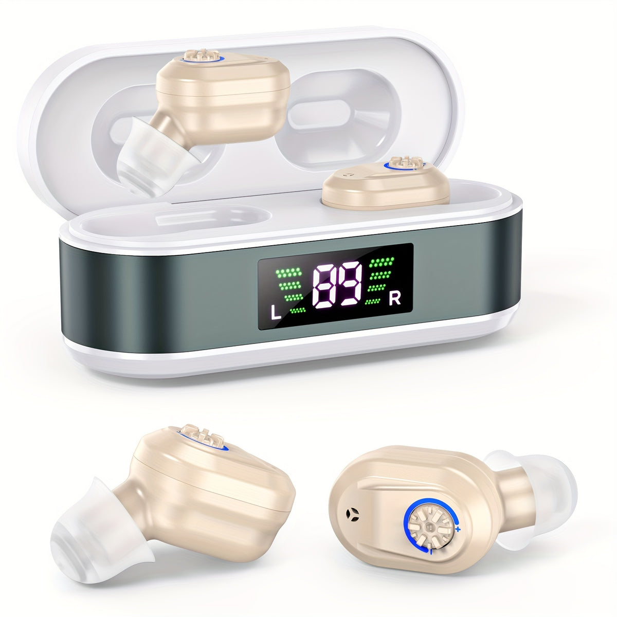 In-Ear Rechargeable Hearing Devices by K&FCOPTEE with Rotary Volume Control, Digital Display Charging Case and Three Ear Dome Sizes, One Pair