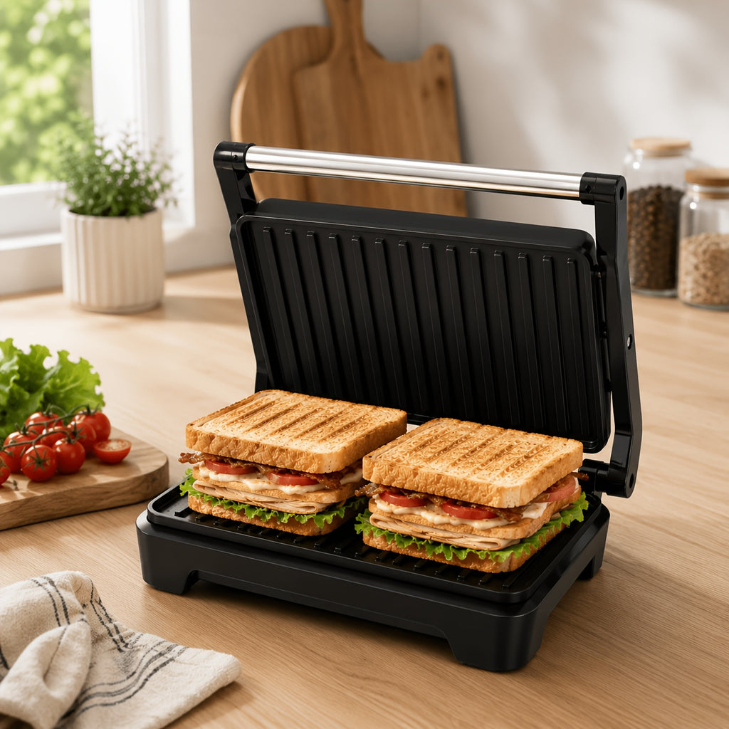 Silvery Panini Press Grill and Sandwich Maker with Listed 1000W Power, Nonstick Plates, Drip Tray, Floating Hinge and 180-Degree Opening for Home Cooking