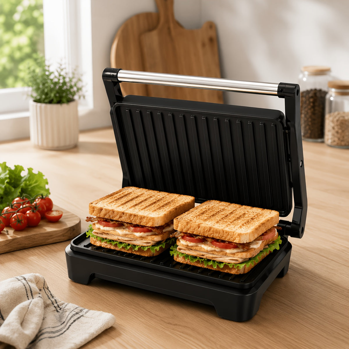 Silvery Panini Press Grill and Sandwich Maker with Listed 1000W Power, Nonstick Plates, Drip Tray, Floating Hinge and 180-Degree Opening for Home Cooking