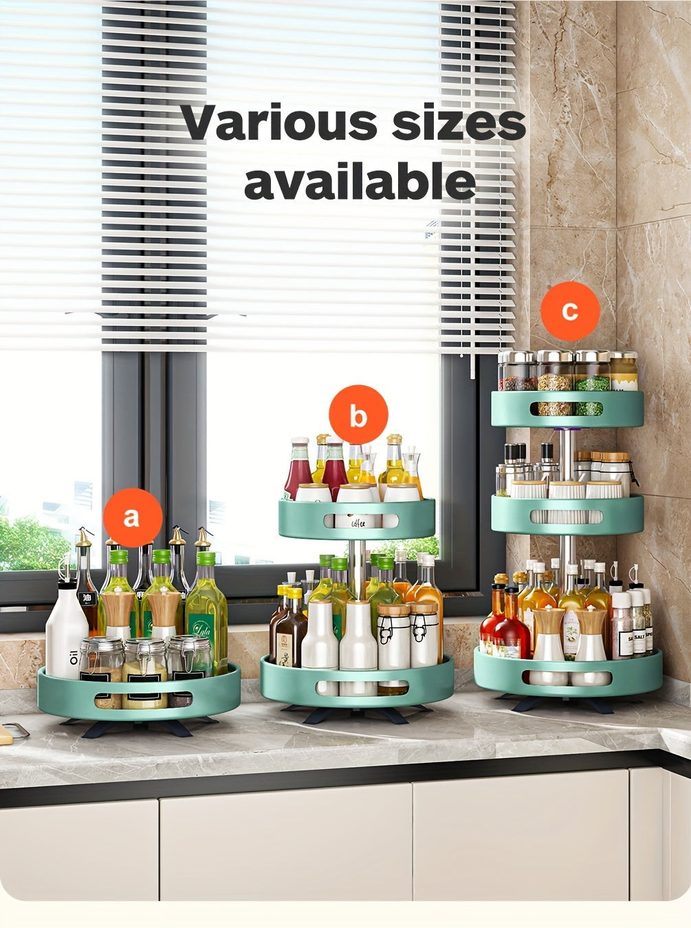Rotating Spice Rack with Double-Layer Storage, Large Green, Silvery, White or Black Option Labels for Kitchen Countertop Seasoning and Corner Organization