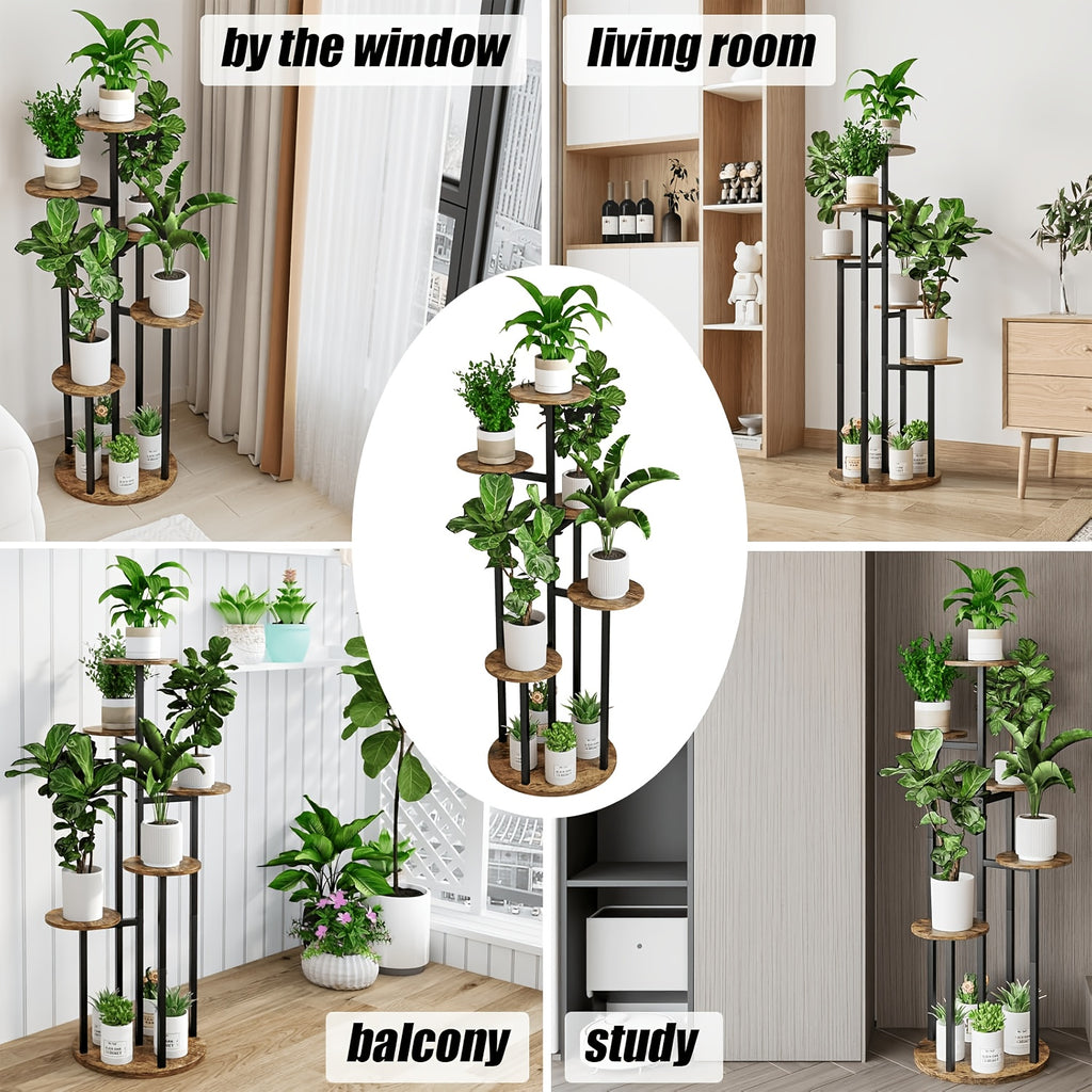 Six-Tier Metal Plant Stand by SUOERNUO with Listed Nine-Pot Display Layout, EVA Base Pads and Black or White Options for Indoor Corner Decor