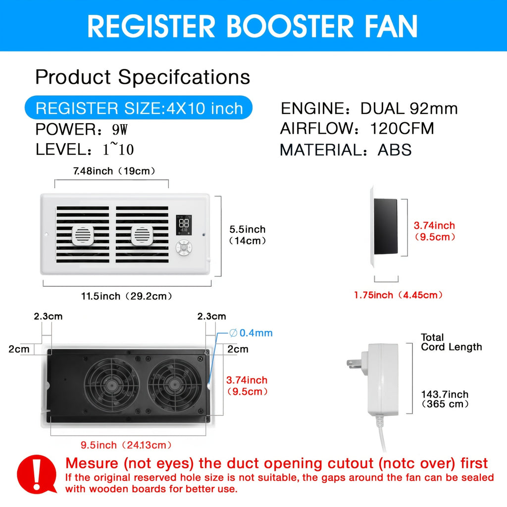 Register Booster Fan for Listed 4 x 10 Inch Vents, White Ten-Speed Airflow Device with Temperature-Sensing Automatic Control and Remote Wording for Compatible Home HVAC Registers