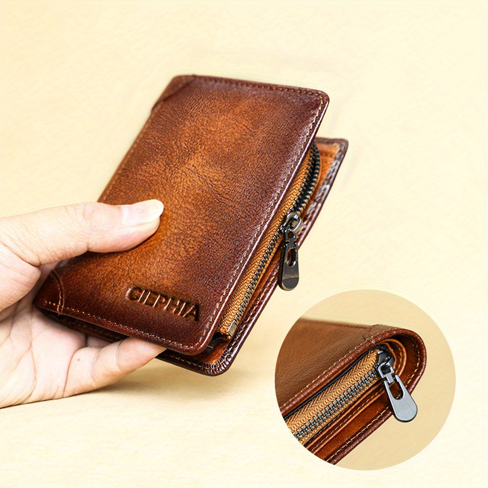 Trifold Leather Wallet for Men with Eight Card Slots, Two ID Windows, Coin Pocket and Two Banknote Sections, Yellow Brown, Black or Coffee Color for Daily Carry