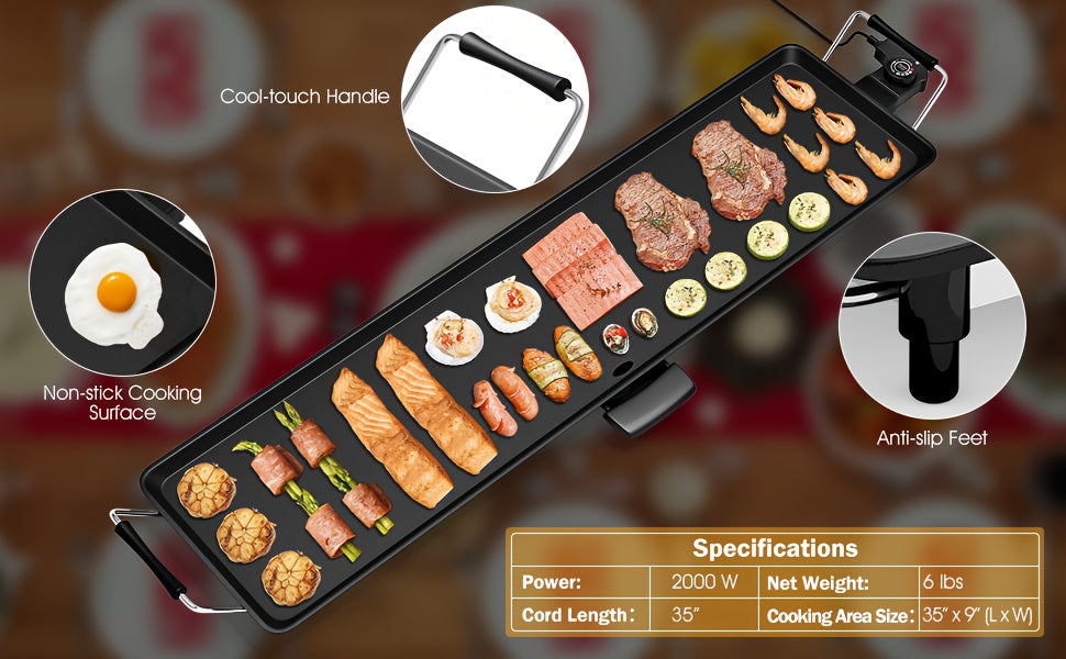Electric Griddle 35-Inch Extra-Long Nonstick Grill with Adjustable Temperature and Drip Tray for Pancakes, Steaks and Family Meals, Gift Bag Included