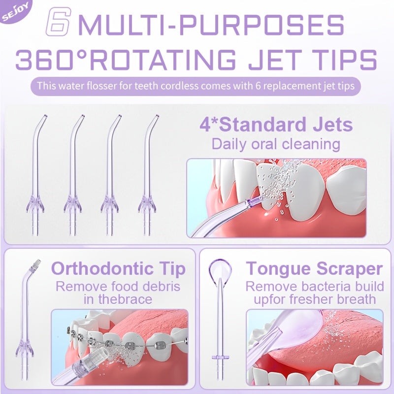 SEJOY Cordless Water Flosser with Five Listed Modes and Eight Nozzles, 11.83oz Oral Irrigator with 1200mAh Battery and IPX7 Wording, Purple or Pink for Home and Travel
