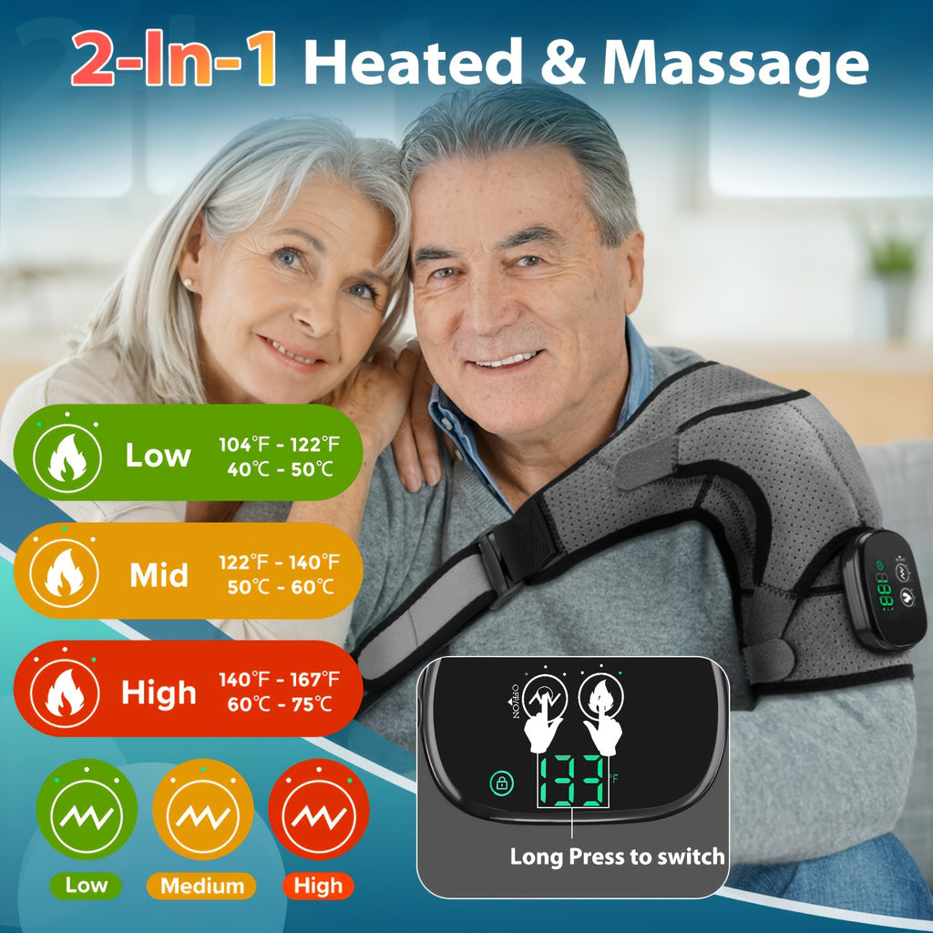 Shoulder Heating Pad Wrap with Wireless Vibration Massage, 3 Heat and 3 Vibration Settings, Adjustable Straps for Shoulder and Knee Use at Home or Travel
