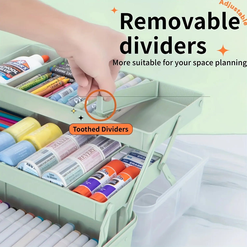 Folding Craft Storage Box with Listed Three-Layer Adjustable Design and Transparent Lid, Portable Organizer for Sewing Tools, Art Supplies and Scrapbooking Materials