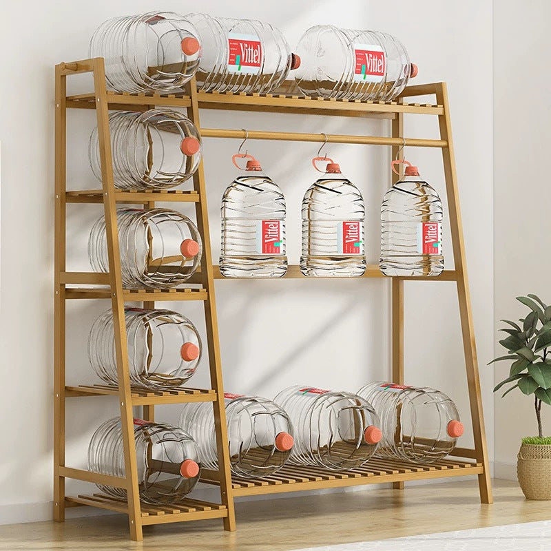Bamboo Garment Rack with Adjustable Shelves, Five Side Storage Racks and Hat Hooks for Bedroom Organization, Brown or Nature with Four Size and Bag Option Labels