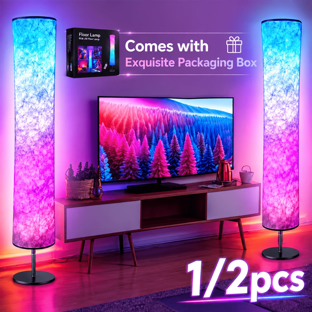 1/2pcs LED Smart Floor Lamp, E-Sports Room Lamp, with 16 Million Colors And Scene Modes, Music Sync And White Fabric Shade, Smart Floor Lamp, Standing Lamp for Living/Game Room Bedroom, with App/Remote Control