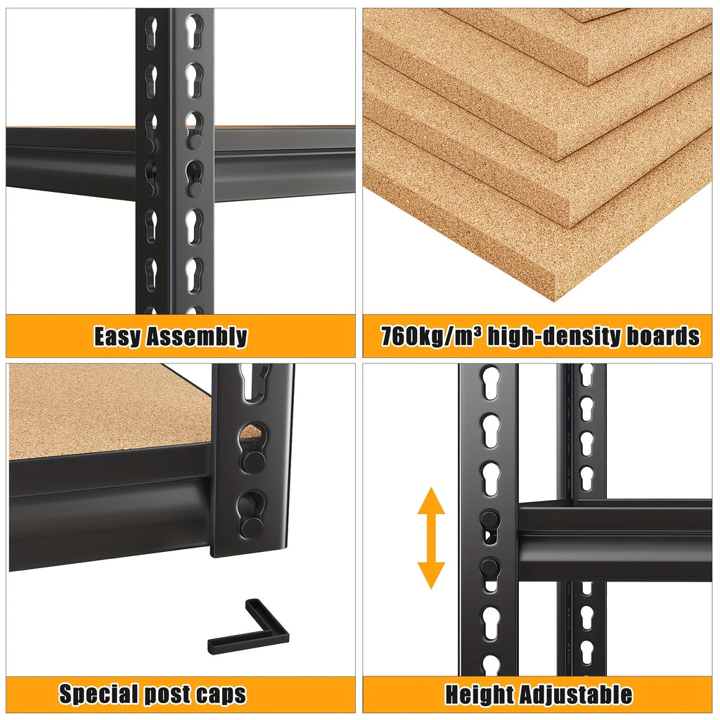 Adjustable Storage Shelving by REIBII with Five Wood-Board Tiers and Black Metal Frame, Garage and Pantry Organizer with Height and Two-Piece Pack Options