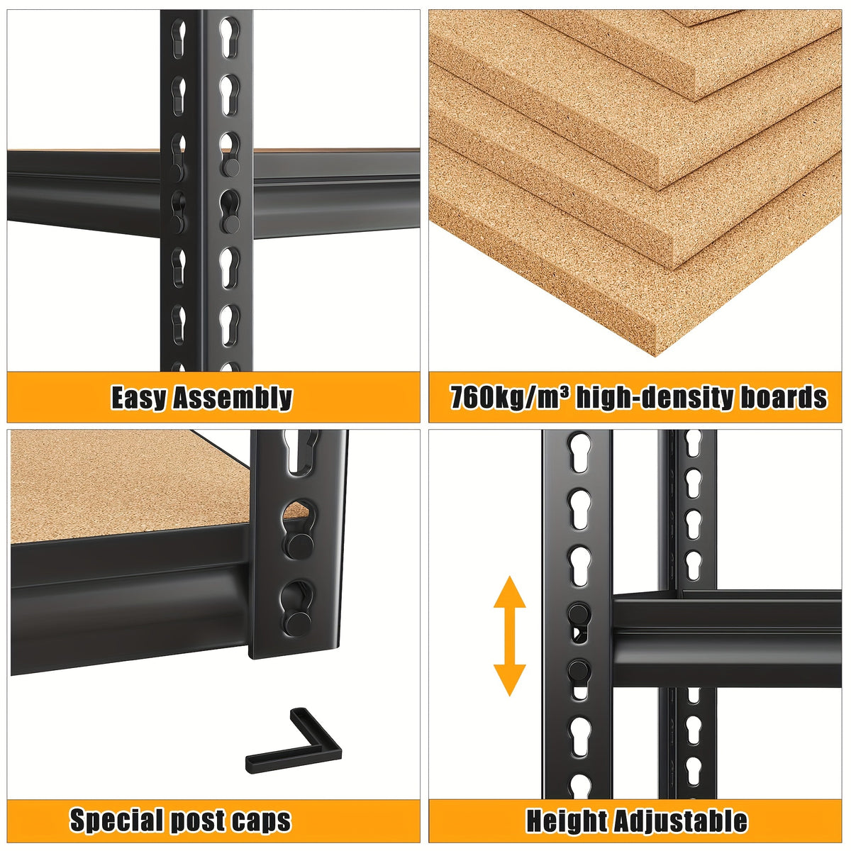 Adjustable Storage Shelving by REIBII with Five Wood-Board Tiers and Black Metal Frame, Garage and Pantry Organizer with Height and Two-Piece Pack Options