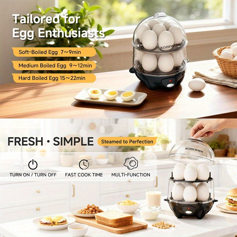 Black Egg Cooker Set with Automatic Shut-Off and Listed 7 or 14 Egg Capacity, One or Two Layer Options for Boiled Eggs, Steamed Vegetables and Omelets