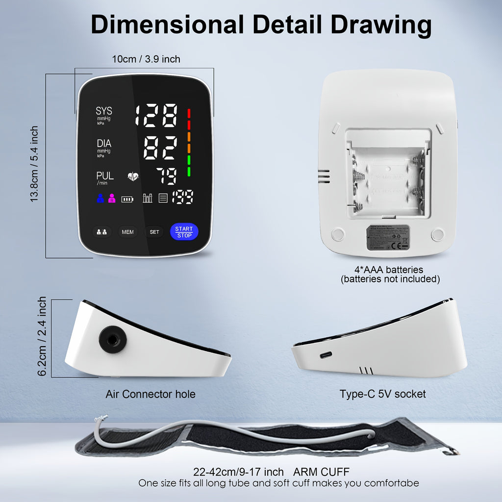 Upper Arm Blood Pressure Monitor with Large Curved LED Display, Automatic Digital BP Machine, 8.7–17 Inch Cuff, Two-User Memory and USB-C or AAA Power