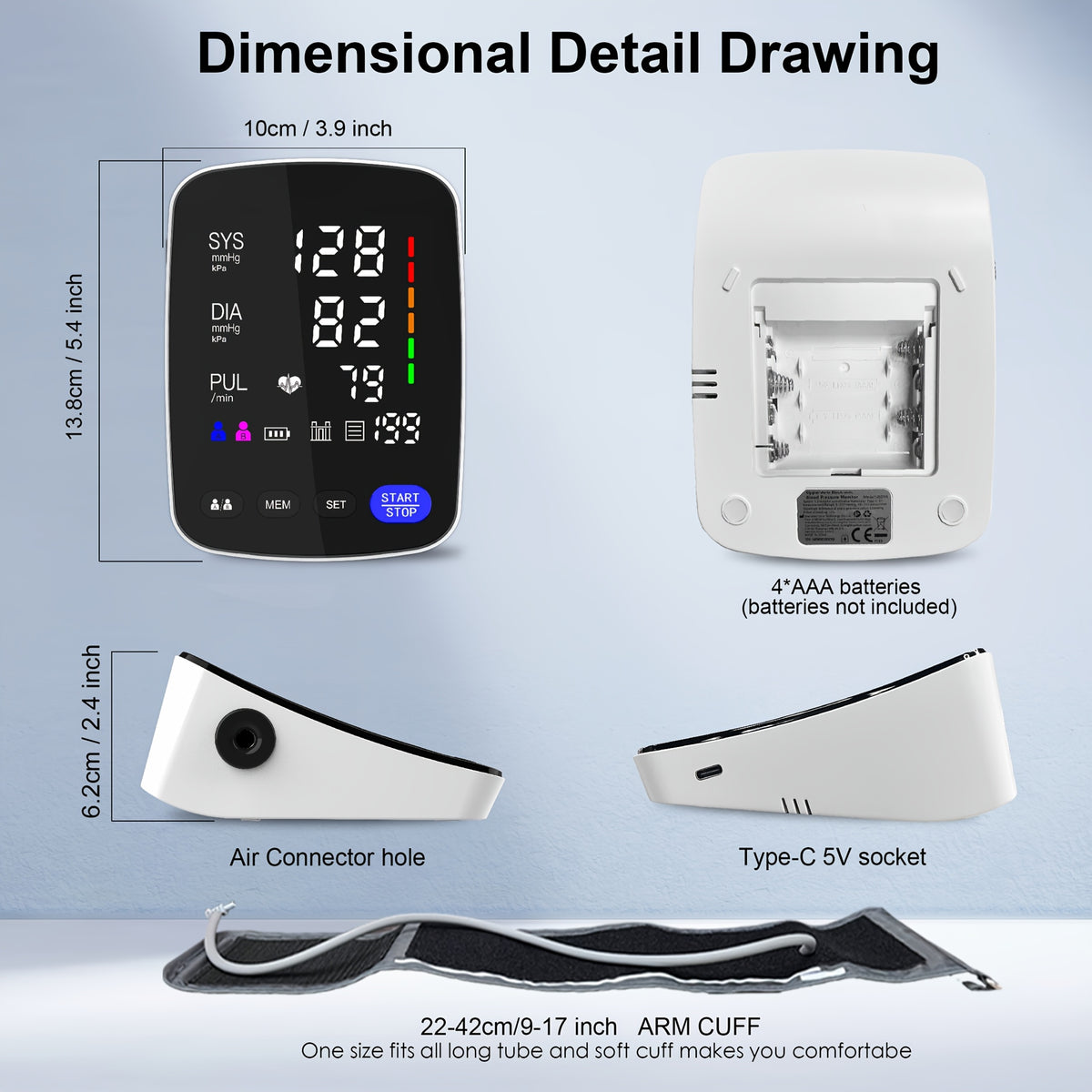 Upper Arm Blood Pressure Monitor with Large Curved LED Display, Automatic Digital BP Machine, 8.7–17 Inch Cuff, Two-User Memory and USB-C or AAA Power