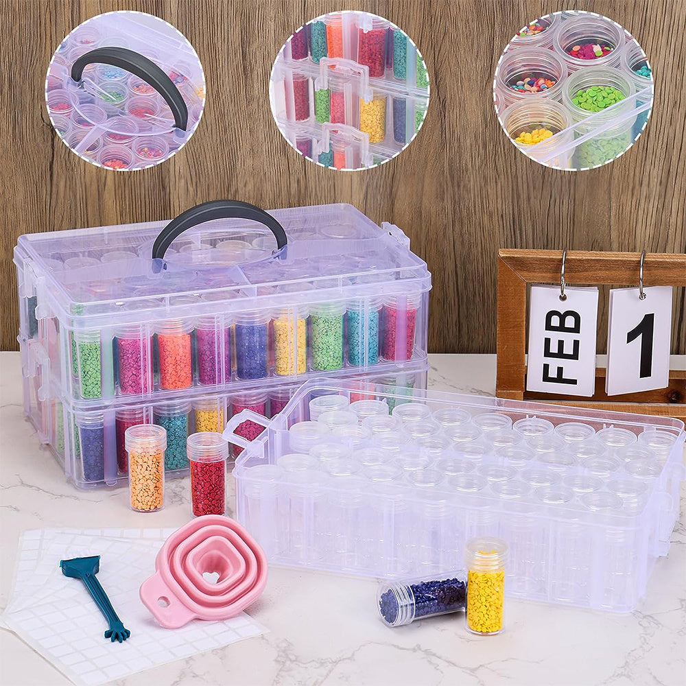 150-Slot Diamond Painting Storage Box by Whonline with Three-Tier Stackable Design, Portable Organizer for Diamond Art Drills, Jewelry Beads and Home Craft Supplies