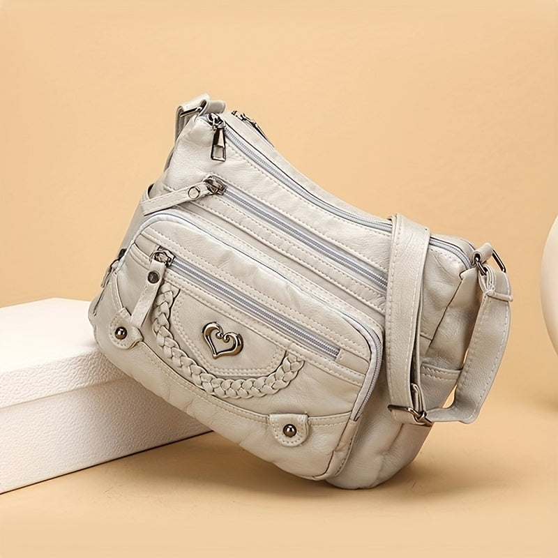 Multi-Pocket Vintage Crossbody Bag with Heart Decoration and Adjustable Shoulder Strap, Four Color Options in Grey, Black, Red or Brown for Casual Everyday Outfits