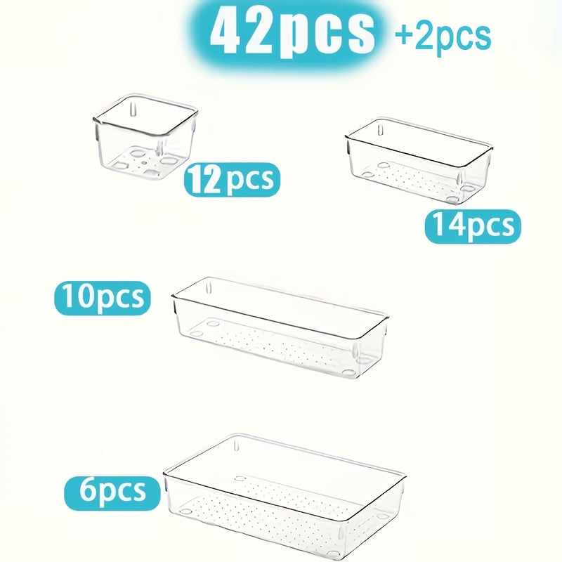 Transparent PET Drawer Organizer Set with 44-Piece, 58-Piece, 23-Piece or 11 Plus 2 Options for Desktop, Vanity, Bathroom and Bedroom Small-Item Storage