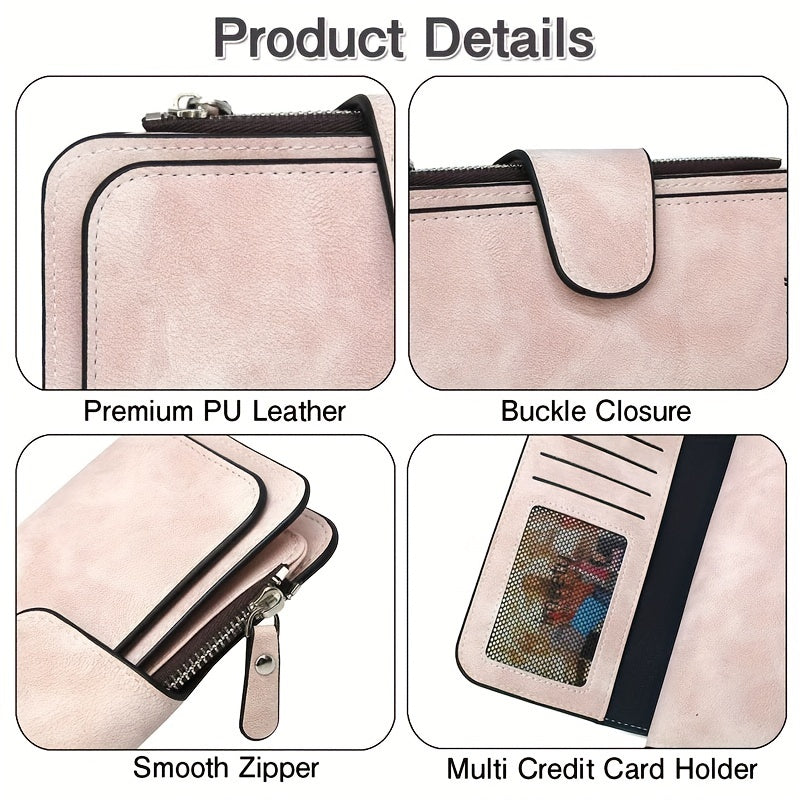 Women's Long Trifold Wallet in Synthetic Leather with 14 Listed Card Slots, Two Photo Slots, Snap Closure and Interior Zipper Pocket in Six Solid Colors