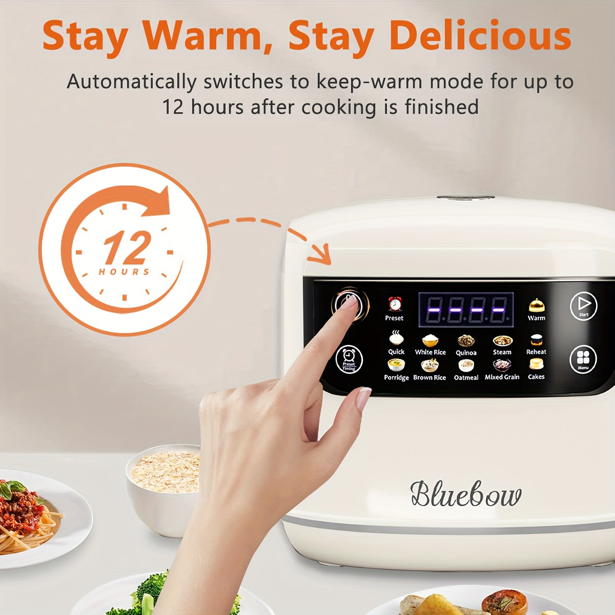 White LCD Rice Cooker by Bluebow with Listed 2L Capacity, Ten Menu Options, Nonstick Aluminum Inner Pot, Automatic Keep Warm and 24-Hour Delay for Small Households