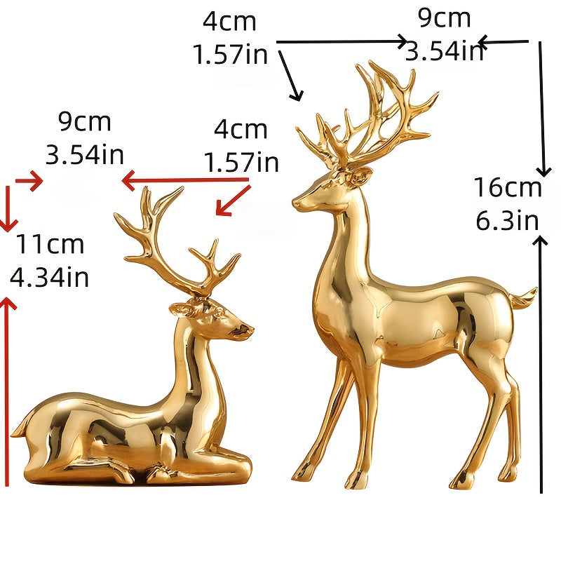 Reindeer Figurines in Champagne Golden or Silvery, Listed Two-Piece Decorative Set for Christmas Home Displays, Living Room Accents and Desk Styling