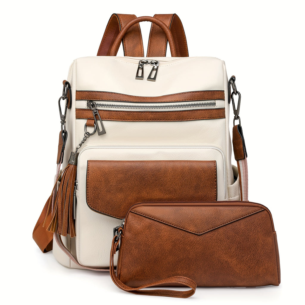 Tassel Backpack Purse for Women, Fashion Shoulder and Travel Bag with Five Listed Style Options Including Two-Tone Colors and Brown Leopard Print
