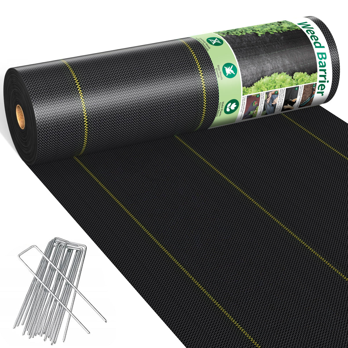 Weed Barrier Fabric Rolls with Green Alignment Lines, 5 x 100 ft, 6 x 100 ft, 8 x 100 ft and 6 x 300 ft Options for Garden Ground Cover