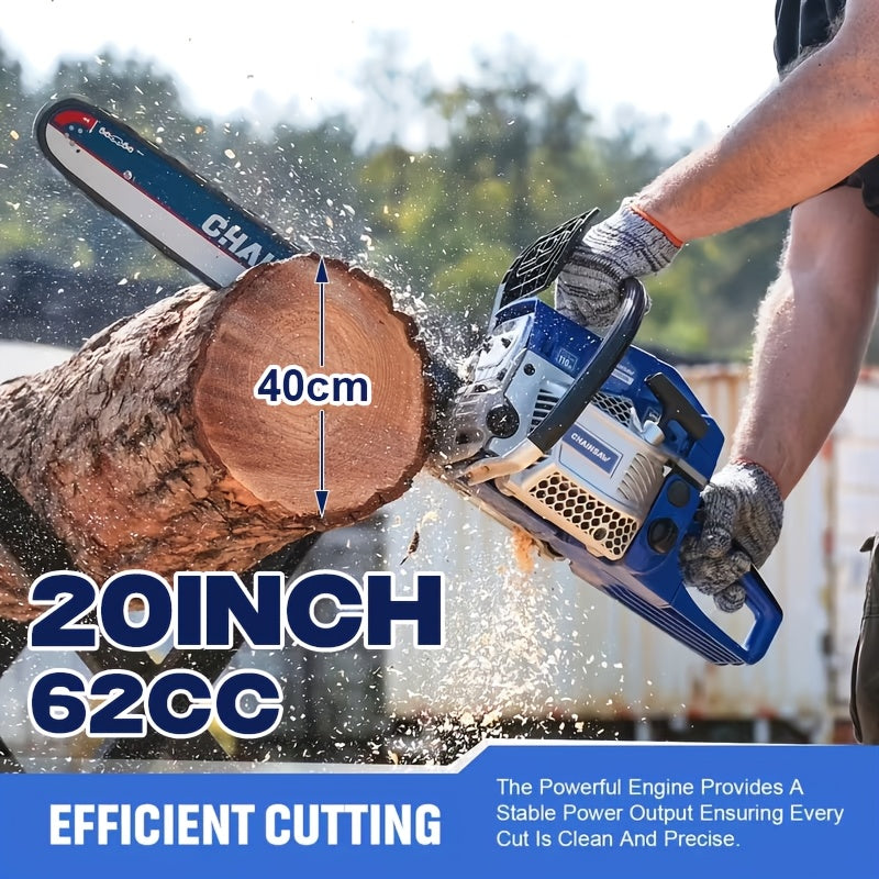 Gas Chainsaw with 62cc Two-Stroke Engine and Listed 20-Inch Bar, Four Color Options with Tool Kit, Oil Can and Bar Cover References for Outdoor Wood Cutting