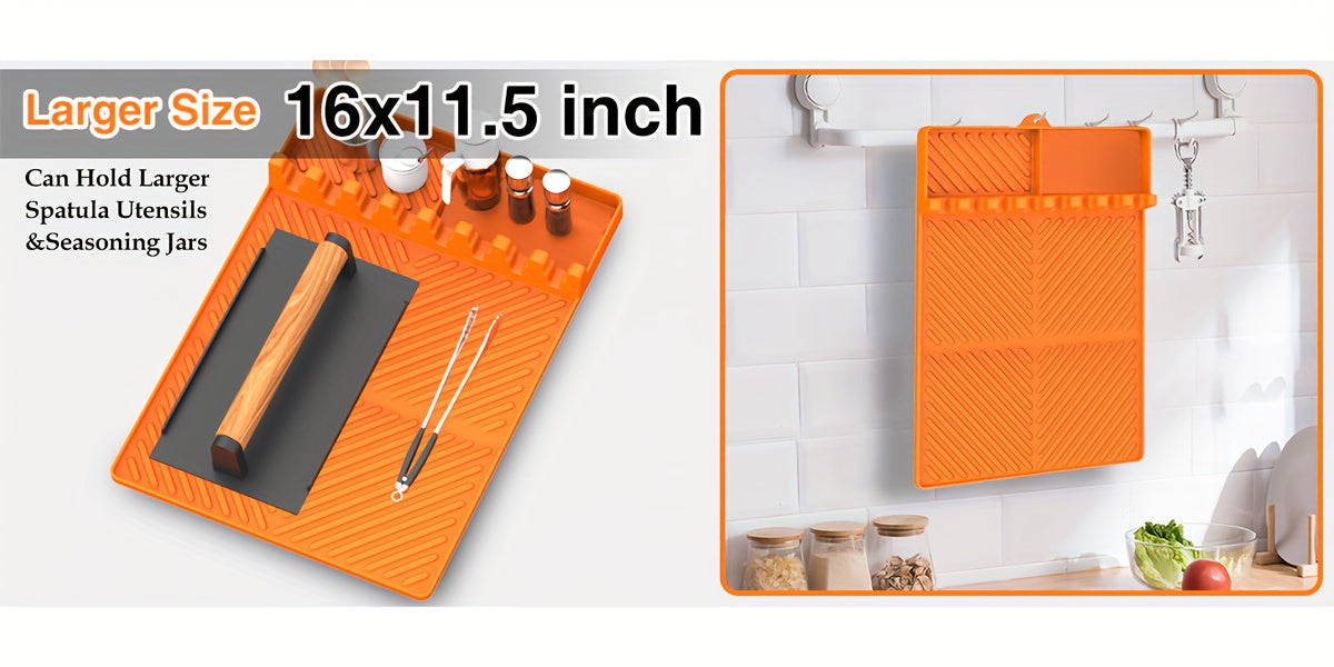 Silicone Griddle Utensil Rest Mat with Raised Edges and Textured Surface, 16 x 11.5 Inch Spatula Drip Pad for Compatible Side Shelves and Kitchen Counters, 1 Pack