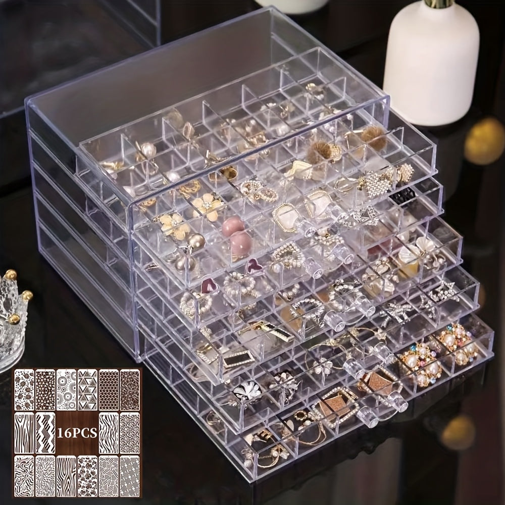 Three-Layer Jewelry Organizer with 72 Listed Compartments for Earrings, Rings and Small Accessories, Clear Storage Design with Optional Blank Painting Template