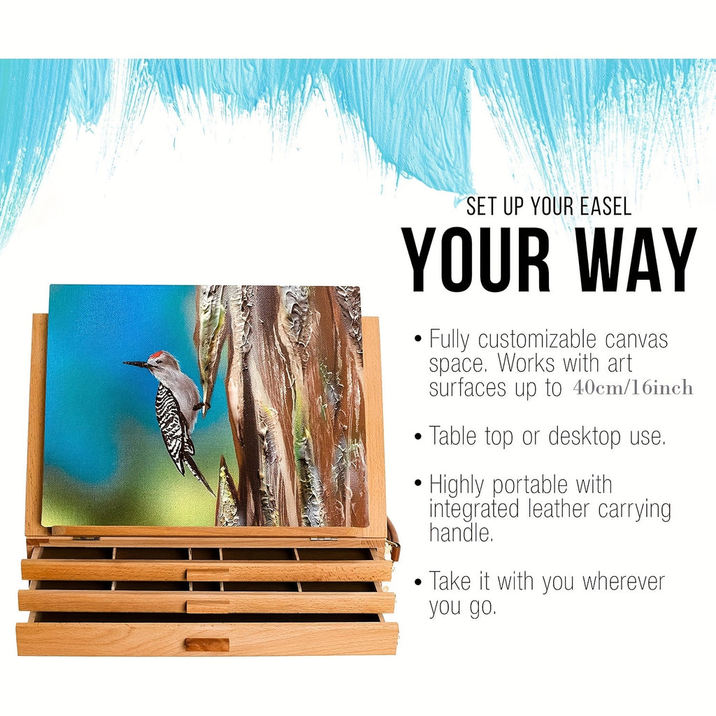 Three-Drawer Easel Storage Box in Beechwood, Adjustable Desktop Artist Organizer and Book Stand for Painting Supplies, Reading and Home Art Spaces