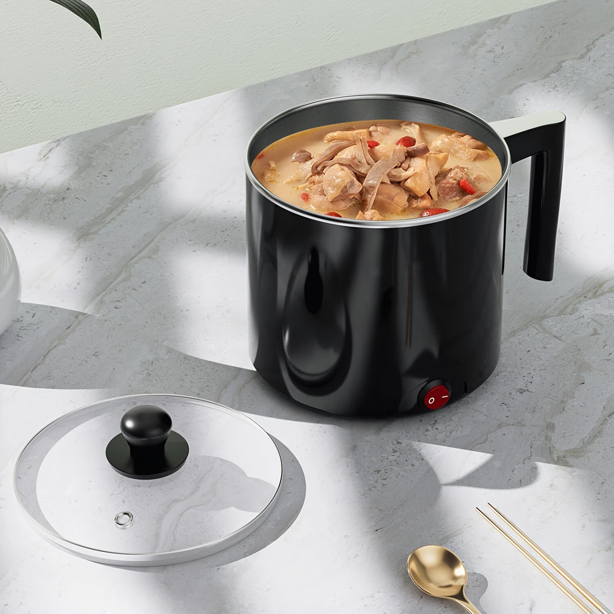 Black Electric Hot Pot with Listed 1.5L Capacity Option and Nonstick Saucepan Design for Noodles, Pasta, Eggs and Steak Preparation in Home Kitchens