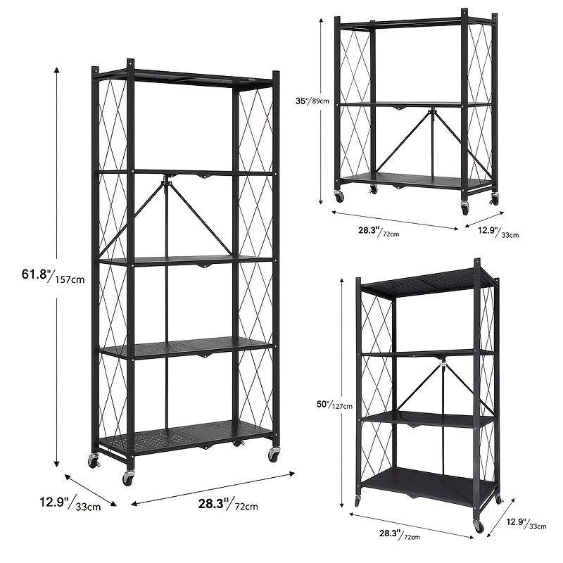 Rolling Folding Storage Rack with Metal Construction and Listed Locking Wheels, Three- to Five-Tier Model Labels for Kitchenware, Household and Dorm Organization
