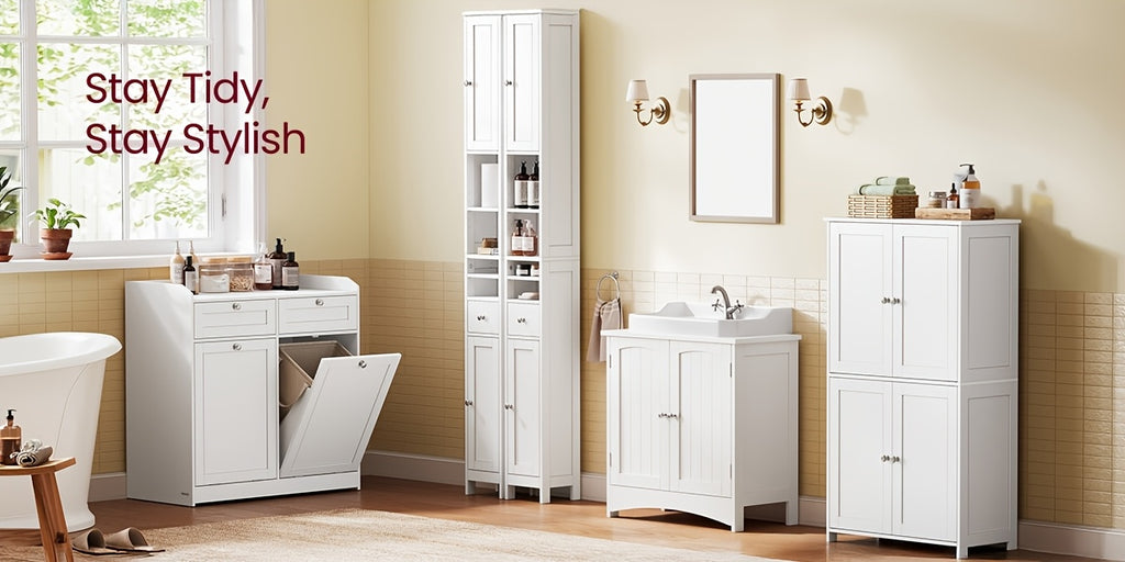 Shaker Style Floor Storage Cabinet with Four Doors, Two Cupboards and Two Adjustable Shelves, Green, White or Blue Freestanding Organizer for Home Essentials