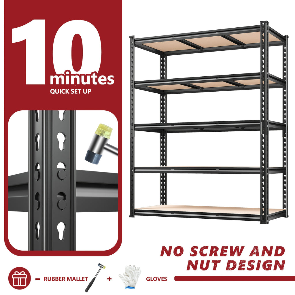 Adjustable Storage Shelving by REIBII with Five Wood-Board Tiers and Black Metal Frame, Garage and Pantry Organizer with Height and Two-Piece Pack Options