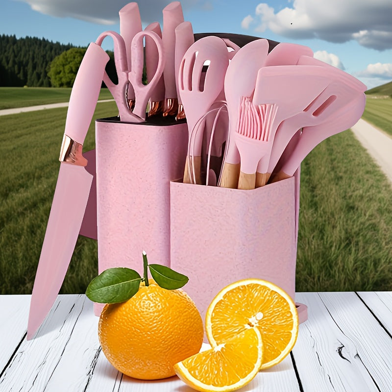Cooking Utensil and Knife Set for Home Kitchen Preparation, Multiple Color Choices with Selected Pink or Black Square-Barrel and Gift Box Options
