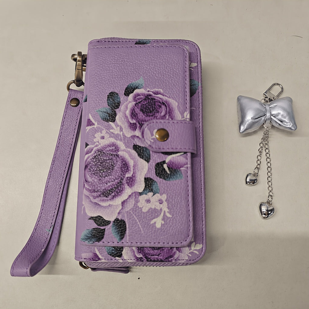 Floral Clutch Wallet for Women with Listed Zipper, Card and Coin Storage, Bow Accessory Reference and Selected Shoulder Strap Styles in Multiple Color Options