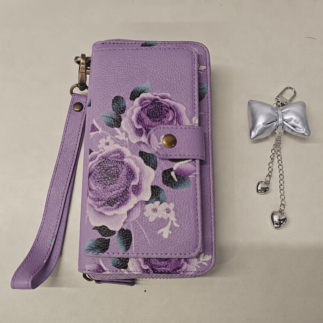 Floral Clutch Wallet for Women with Listed Zipper, Card and Coin Storage, Bow Accessory Reference and Selected Shoulder Strap Styles in Multiple Color Options