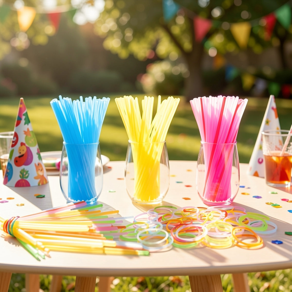 Glow Sticks Party Pack by SYNCFUN, 100 Eight-Inch Sticks with 100 Connectors and Seven Listed Colors for Bracelets, Necklaces and Holiday Celebrations