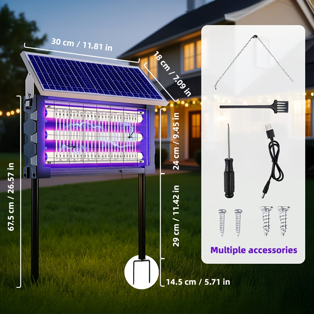 Solar-Powered Bug Zapper in Black with Automatic Day-Night Operation, Hook, Support Rod and Listed 10ft Solar Panel Extension Cord for Patio and RV Setups