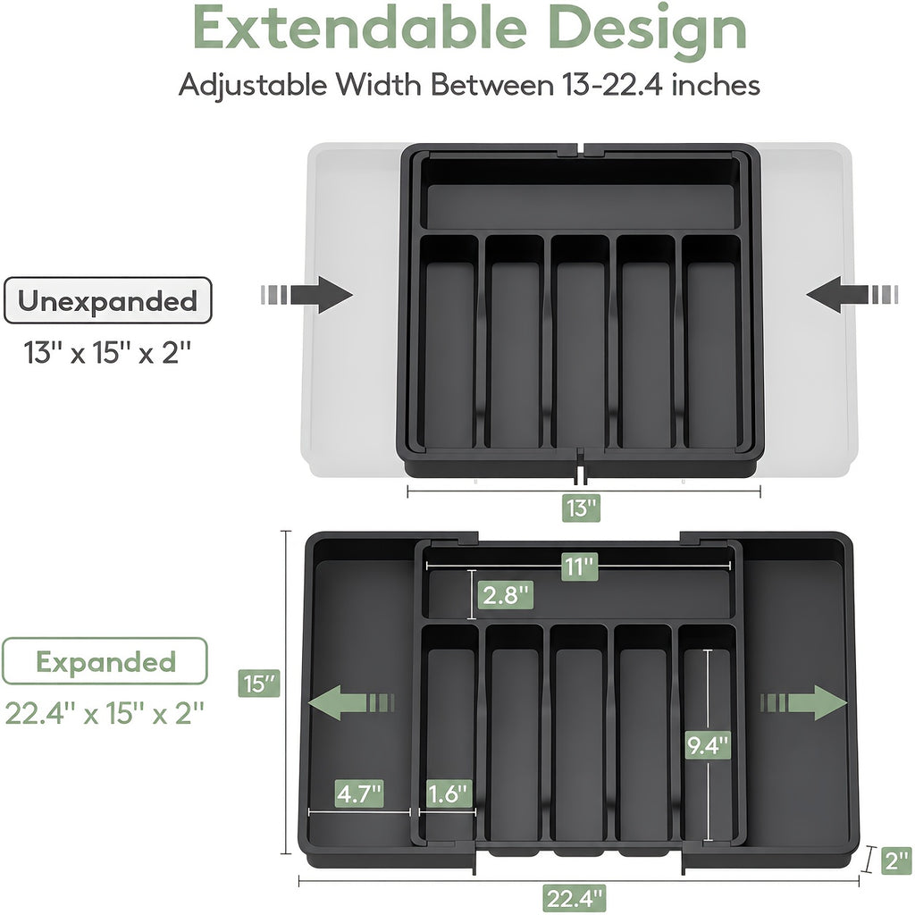 Expandable Silverware Drawer Organizer, BPA-Free Adjustable Plastic Cutlery Tray in Black or White for Kitchen Spoon, Fork and Knife Storage