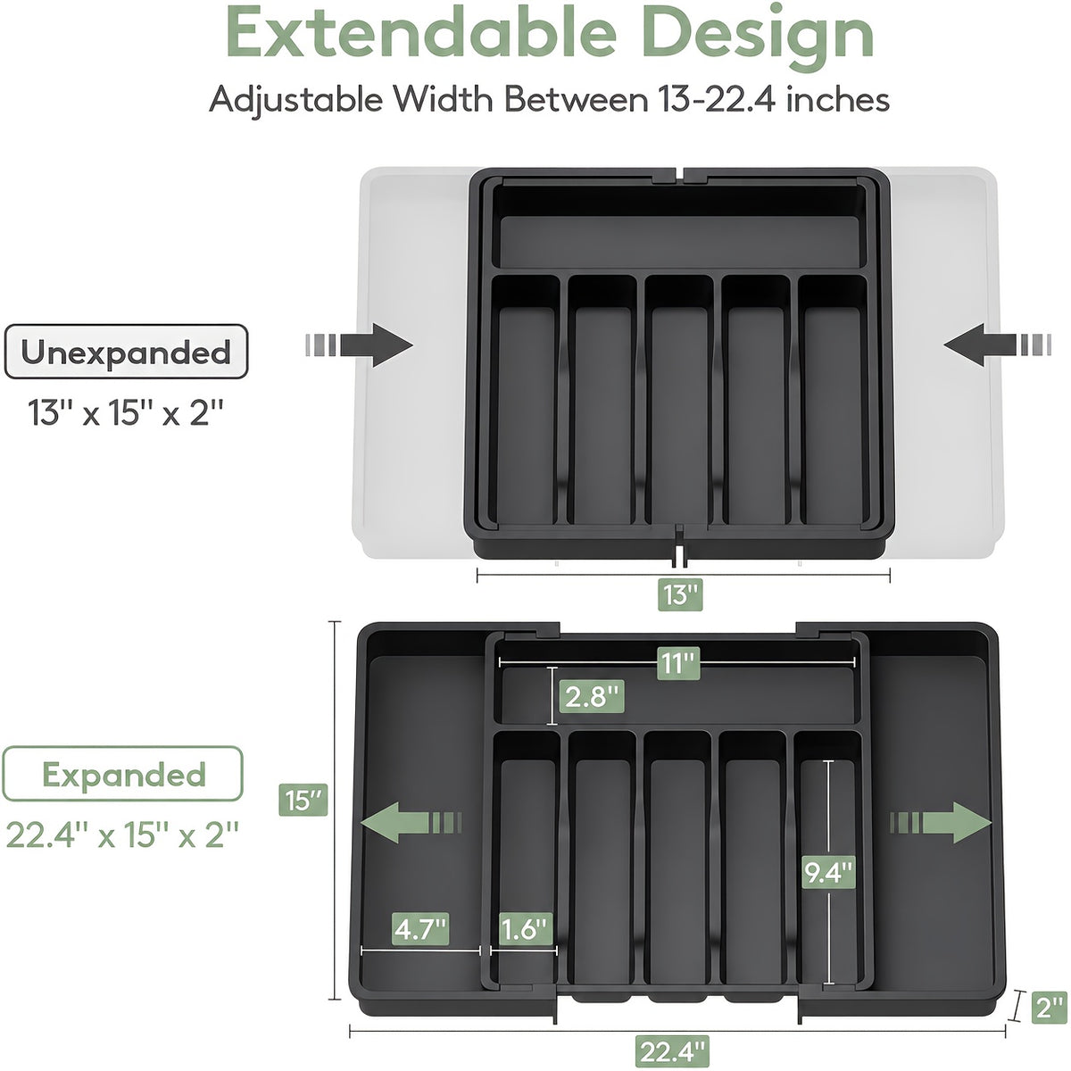 Expandable Silverware Drawer Organizer, BPA-Free Adjustable Plastic Cutlery Tray in Black or White for Kitchen Spoon, Fork and Knife Storage