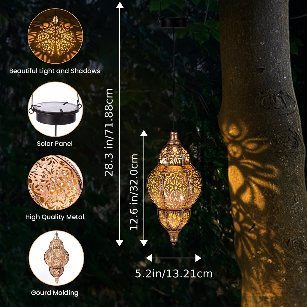 Solar Pendant Lantern in Copper Color with Listed Hollow-Out Iron Design and 27.17-Inch Size Wording for Decorative Patio, Garden, Deck and Porch Displays